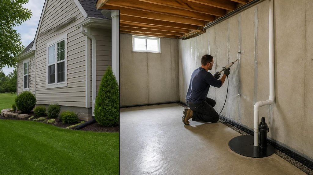Outside of home and indoor foundation repair