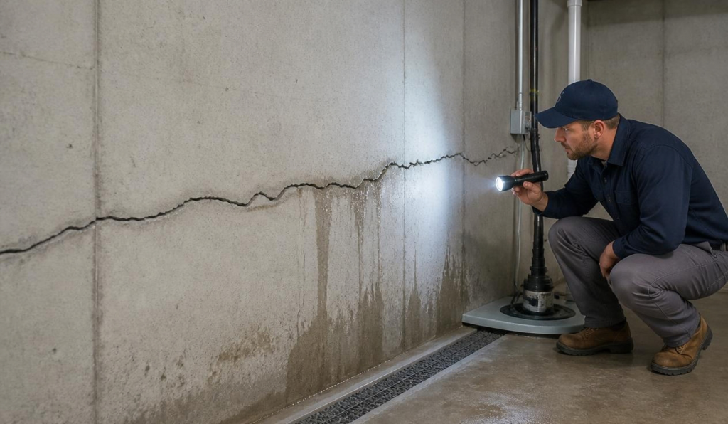 Man looking at crack in foundation and water entering home